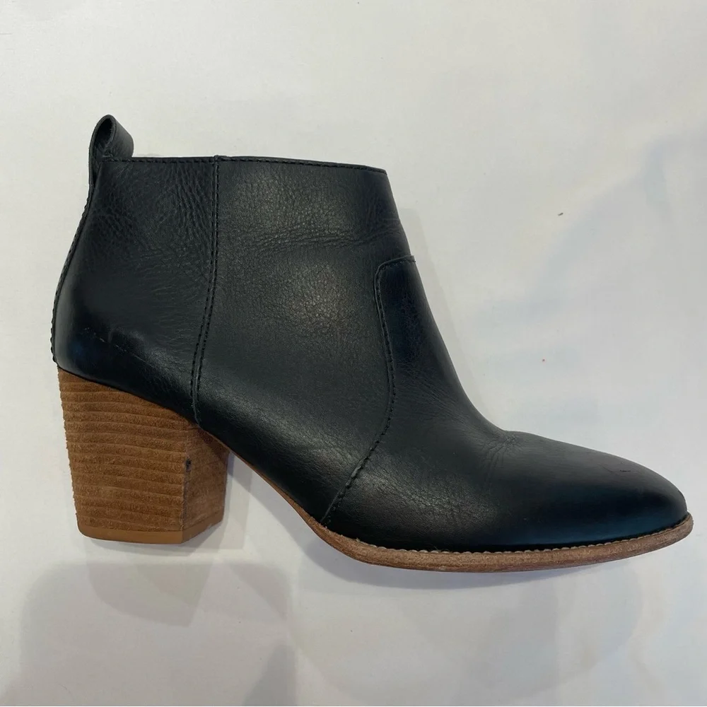 Madewell Womens Black Leather Ankle Boots‎ Side Zipper Wood Block Heel Size 7.5